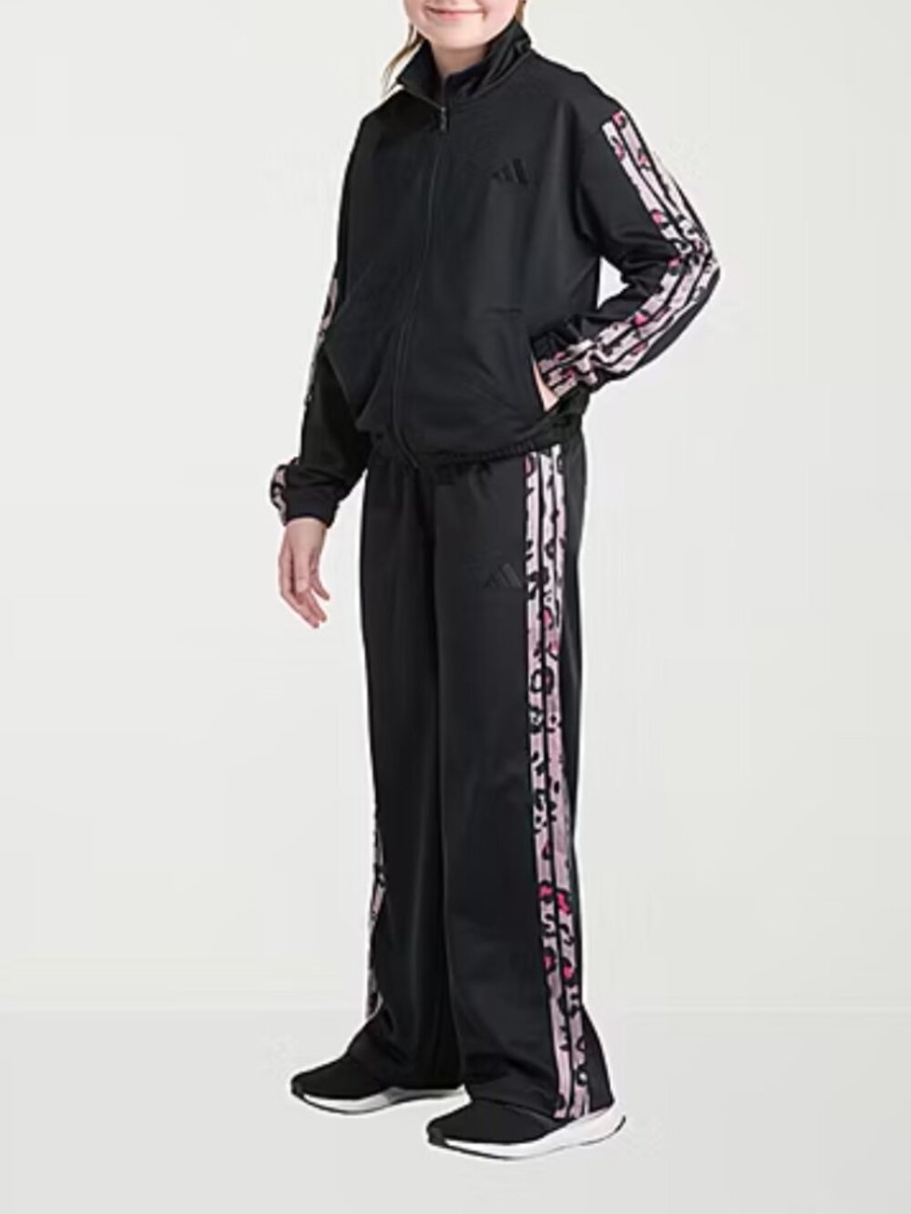 adidas Girls 2 Piece Black Tricot Zip Up Jacket & Pants Track Suit Set, Size L